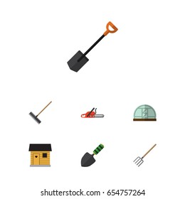 Flat Farm Set Of Hacksaw, Trowel, Stabling And Other Vector Objects. Also Includes Hothouse, Barn, Hacksaw Elements.