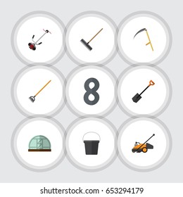 Flat Farm Set Of Harrow, Cutter, Spade And Other Vector Objects. Also Includes Pail, Shovel, Gardening Elements.