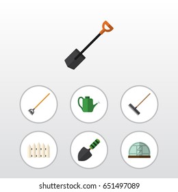 Flat Farm Set Of Harrow, Hothouse, Tool And Other Vector Objects. Also Includes Barrier, Farm, Watering Elements.