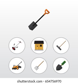 Flat Farm Set Of Hay Fork, Spade, Stabling And Other Vector Objects. Also Includes Fork, Spade, Tool Elements.