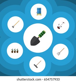 Flat Farm Set Of Hay Fork, Grass-Cutter, Harrow And Other Vector Objects. Also Includes Shovel, Botany, Lawn Elements.