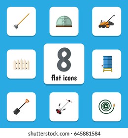 Flat Farm Set Of Hosepipe, Lawn Mower, Container And Other Vector Objects. Also Includes Gardening, Shovel, Hoe Elements.