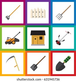 Flat Farm Set Of Lawn Mower, Hay Fork, Trowel And Other Vector Objects. Also Includes Mower, Tool, Hoe Elements.