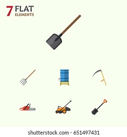 Flat Farm Set Of Lawn Mower, Hay Fork, Cutter And Other Vector Objects. Also Includes Container, Mower, Cutter Elements.