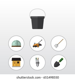 Flat Farm Set Of Lawn Mower, Hothouse, Hay Fork And Other Vector Objects. Also Includes Fork, Mower, Spatula Elements.