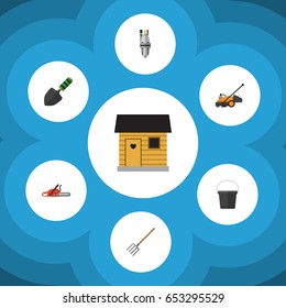 Flat Farm Set Of Lawn Mower, Pail, Stabling And Other Vector Objects. Also Includes Lawn, Barn, Pail Elements.