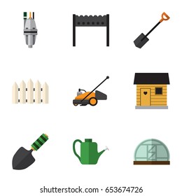Flat Farm Set Of Lawn Mower, Wooden Barrier, Trowel And Other Vector Objects. Also Includes Trowel, Watering, Greenhouse Elements.