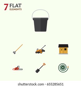 Flat Farm Set Of Pail, Hosepipe, Stabling And Other Vector Objects. Also Includes Shovel, Tool, Spade Elements.