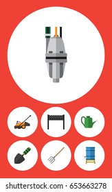 Flat Farm Set Of Pump, Container, Lawn Mower And Other Vector Objects. Also Includes Barbecue, Fork, Cutter Elements.