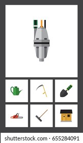 Flat Farm Set Of Pump, Cutter, Bailer And Other Vector Objects. Also Includes Saw, Scythe, Cutter Elements.