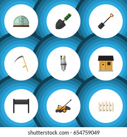 Flat Farm Set Of Pump, Lawn Mower, Spade And Other Vector Objects. Also Includes Spade, Barn, Lawn Elements.