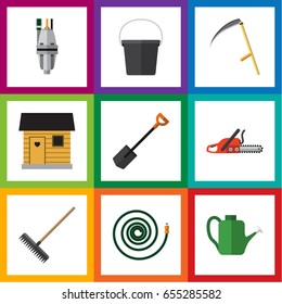 Flat Farm Set Of Pump, Spade, Cutter And Other Vector Objects. Also Includes Hosepipe, Tool, Barn Elements.
