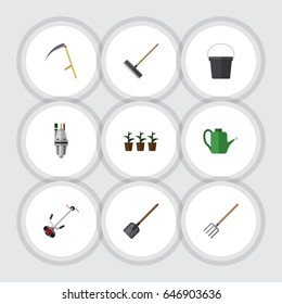 Flat Farm Set Of Shovel, Cutter, Pail And Other Vector Objects. Also Includes Harrow, Shovel, Tool Elements.