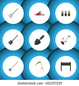 Flat Farm Set Of Shovel, Cutter, Hacksaw And Other Vector Objects. Also Includes Fork, Tool, Blade Elements.