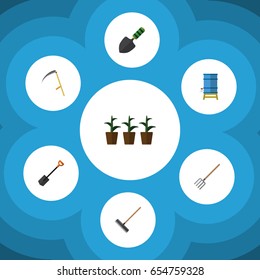 Flat Farm Set Of Spade, Cutter, Container And Other Vector Objects. Also Includes Botany, Tool, Container Elements.