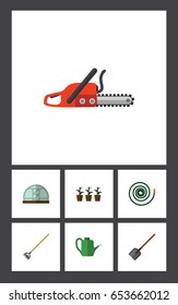 Flat Farm Set Of Tool, Bailer, Hosepipe And Other Vector Objects. Also Includes Shovel, Tool, Spade Elements.