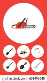 Flat Farm Set Of Trowel, Hacksaw, Lawn Mower And Other Vector Objects. Also Includes Hacksaw, Cutter, Trowel Elements.