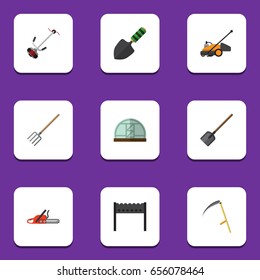 Flat Farm Set Of Trowel, Hacksaw, Cutter And Other Vector Objects. Also Includes Hacksaw, Lawn, Pitchfork Elements.