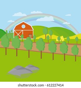 Flat Farm With Trees, Meadow, Sky And Clouds With Rainbow