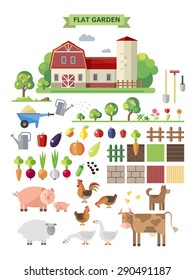 Flat farm, vector set. Elements for game: sprites and tile sets. Vegetables, fruits and farm animals