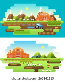 Flat farm in village set sprites and tile sets. instruments, flowers, vegetables, fruits, hay, farm building, animals, tractor, tools, clothing. Vector illustrations design banners concept