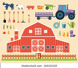 Flat farm in village set sprites and tile sets. instruments, flowers, vegetables, fruits, hay, farm building, animals, tractor, tools, clothing. Vector illustrations design background concept