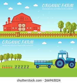 Flat farm in village set sprites and tile sets. instruments, flowers, vegetables, fruits, hay, farm building, animals, tractor, tools, clothing. Vector illustrations design banners concept