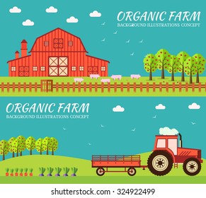 Flat farm in village set sprites and tile sets. instruments, flowers, vegetables, fruits, hay, farm building, animals, tractor, tools, clothing. Vector illustrations design banners concept