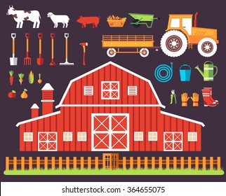 Flat farm in village set sprites and tile sets. instruments, flowers, vegetables, fruits, hay, building, animals, tractor, tools, clothing. Vector illustrations design background concept