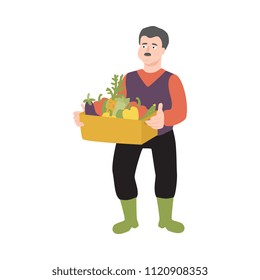 Flat farmer man in professional uniform - rubber boots, overalls standing with harvest vegetables box. Agricultural occupation male worker, rural agrarian. Vector isolated character illustration