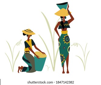 Flat farmer people. Asian farm rice fields vector illustration set.  Asia agricultural rice plantations, farming, harvesting. 