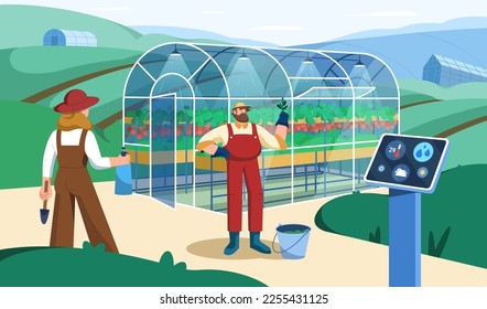 Flat farmer people in greenhouse with control digital wireless device. Smart farm, futuristic technology for growing or watering plants. Agricultural automation with innovation technology management.