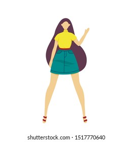 flat fashion girl in skirt and turtleneck  with long hair, stay front position, walking. Vector isolated illustration in flat design.