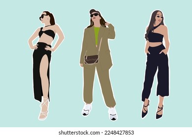 Flat fashion illustration concept. Illustration set of three womens on light blue background.