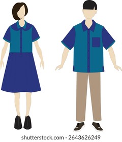 Flat Fashion Illustration of Couple Uniform Design – Casual Short Sleeve Shirt and Skirt Outfit