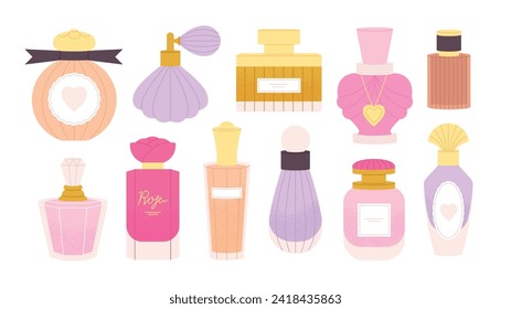 Flat fashion perfume bottle. Isolated flasks and glass vials for men and women. Aroma water bottles, fragrance and spray. Racy vector cosmetics set