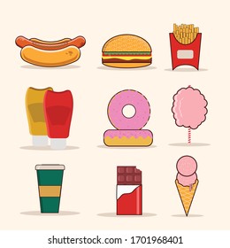 flat fast food collection, set, colorful sticker illustrations, hamburger hot dog, fries, 	ketchup, mustard, chocolate, coffee, ice cream and  fairy floss snack