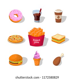 Flat fast food colorful illustrations vector isolated on white background. Fast food hamburger dinner and restaurant, tasty set fast food many meal and unhealthy fast food classic nutrition in flat.