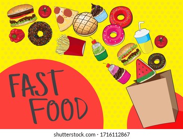 Flat fast food colorful illustrations; Fast Food Vector Design Illustration