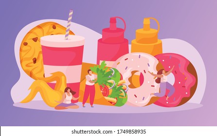 Flat fast food composition with people characters donuts cookie drink sauce vector illustration