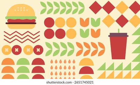 Flat fast food concept with burger, drink cup, tomatoes, lettuce, and colorful dots on soft beige background, visually clean and tasty.