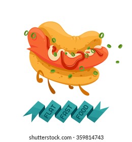 Flat fast food hot dog. Funny character
