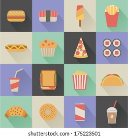 flat fast food icons on colorful square background