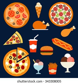 Flat fast food menu icons of pizza with different toppings, takeaway box of french fries, hamburger, hot dog, fried chicken, ice cream cone and sundae desserts, soda paper cap