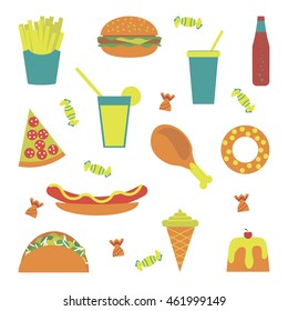 Flat fast food menu icons pizza  french fries hamburger hot dog fried chicken ice cream cone desserts soda cake tacos cocktail candy. Junk food illustration Isolated in white background. Vector eps10