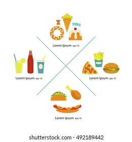 Flat fast food menu icons pizza french fries hamburger hot dog fried chicken ice cream cone desserts soda cake tacos cocktail candy. Junk food illustration Isolated in white background. Vector eps10