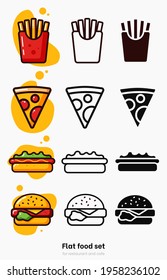 Flat fast food set on yellow background. Vibrant colorful meal vector in flat style. Fastfood vector collection for menu and restaurant. Pizza, burger, hot dog and french fries flat vector set. Icon