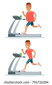 Flat fat man weight loss modern infographics vector concept. Male guy running on treadmill before after set. Healthy lifestyle exercise sport cardio training. Body transformation