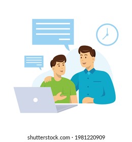 flat father son talking study problem solving illustration