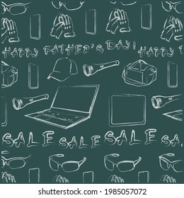 Flat Father's day sales pattern design. Illustrated with letters and goods, such as glasses, gloves, bags, baseball caps, flashlight, smartphones, tablets, laptops.